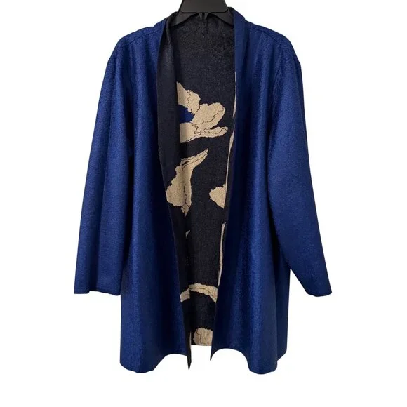 Chicos Travelers Reversible Open Front Jacket With Floral/Solid Design Size 16/1 - Picture 5 of 12